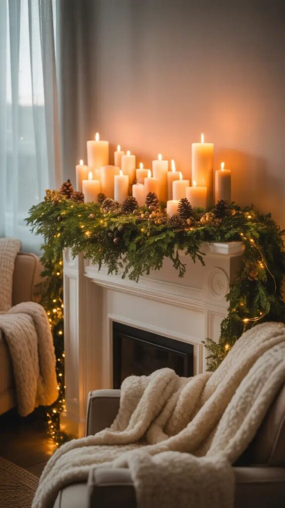 lush-evergreen-christmas-garland-with-warm-fairy-lights-and-glowing-pillar-candles-draped-across-a-fireplace-mantel