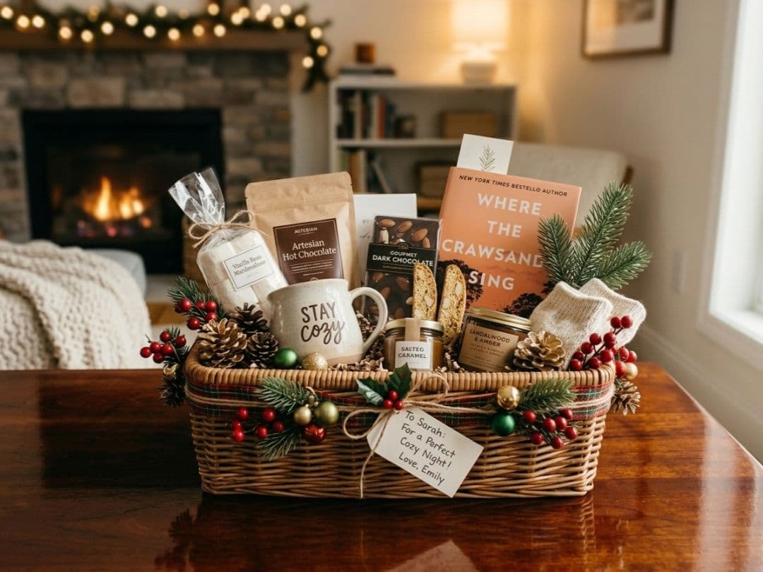 featured-image-for--Christmas-Gift-Basket-for-Friends-featuring-cozy-gift-basket-for-sarah-with-stay-cozy-mug-novel-and-treats-by-the-fireplace