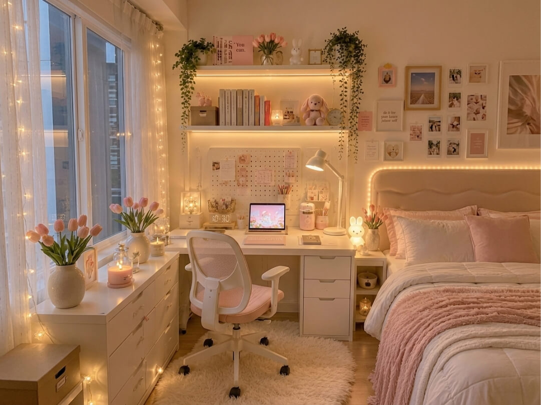 cozy-teen-girl-bedroom-with-white-study-desk-pink-chair-fairy-lights-and-cream-bedding