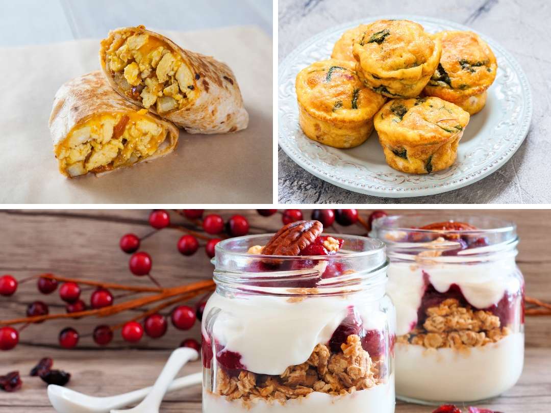 thanksgiving-breakfast-ideas-collage-featuring-breakfast-burritos-egg-muffins-and-cranberry-pecan-overnight-oats-parfaits