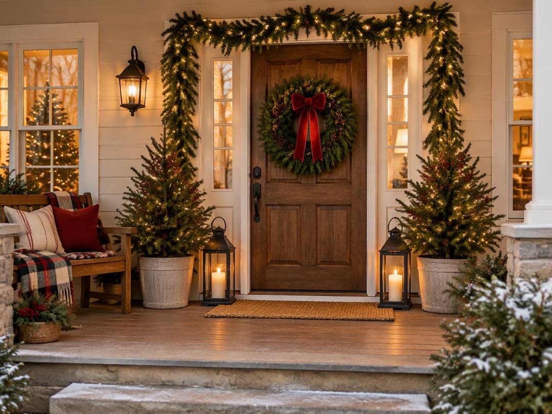 cozy-christmas-front-porch-decorations-with-evergreen-wreath-lit-garland-potted-mini-trees-and-candle-lanterns