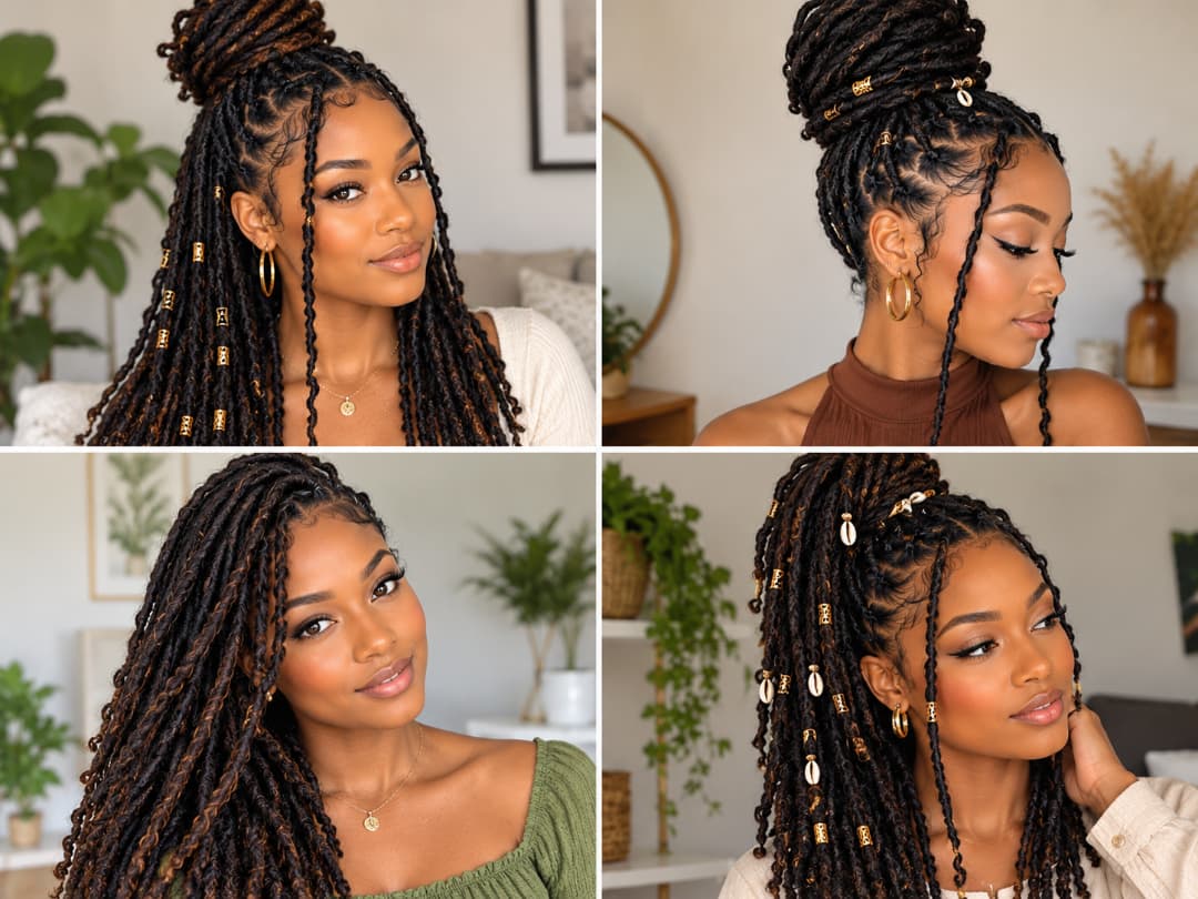 collage-grid-of-four-cute-loc-hairstyles-for-women-including-half-up-bun-high-bun-side-part-and-accessorized-ponytail