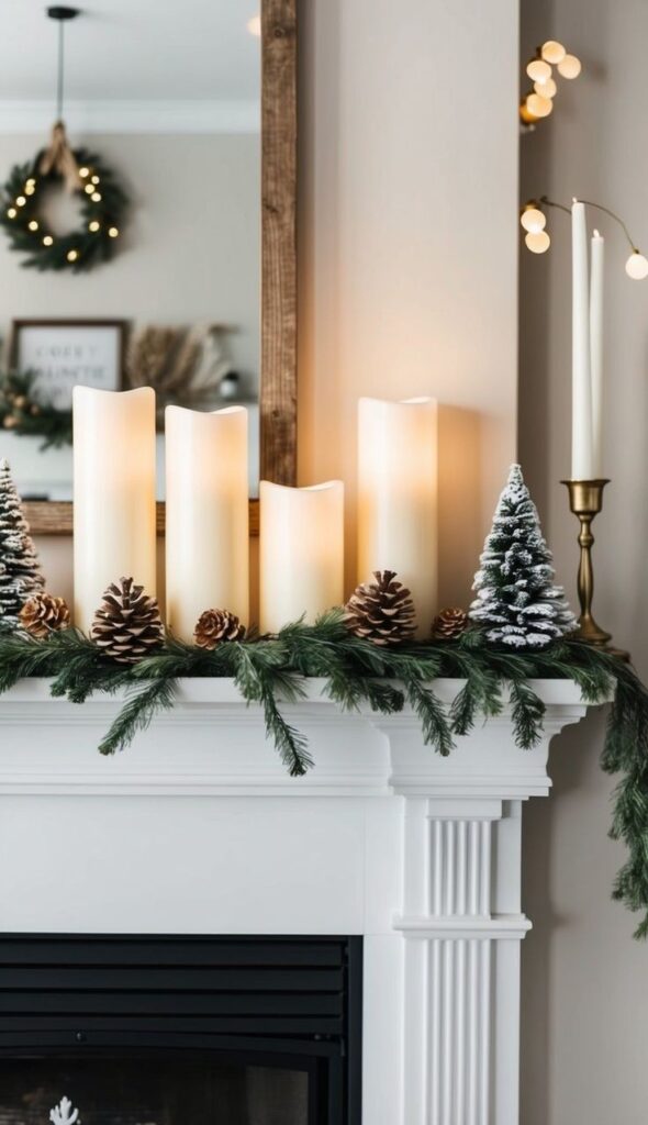 glowing-flameless-pillar-candles-in-varying-heights-arranged-on-a-fireplace-mantel-with-evergreen-garland