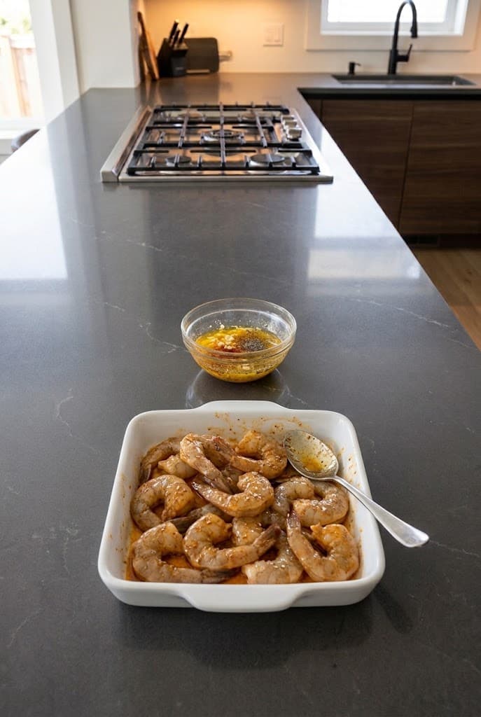 raw-shrimp-marinating-in-garlic-butter-in-white-baking-dish-with-reserved-portion-set-aside