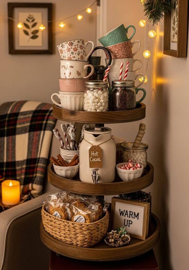 three-tiered-wooden-hot-cocoa-tray-with-stacked-mugs-dispenser-marshmallows-peppermint-candies-and-cookies-thanksgiving-breakfast-ideas