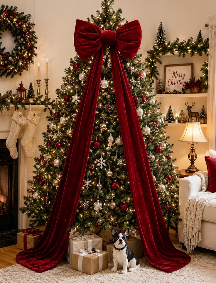 large-red-velvet-bow-with-long-cascading-tails-decorating-a-christmas-tree
