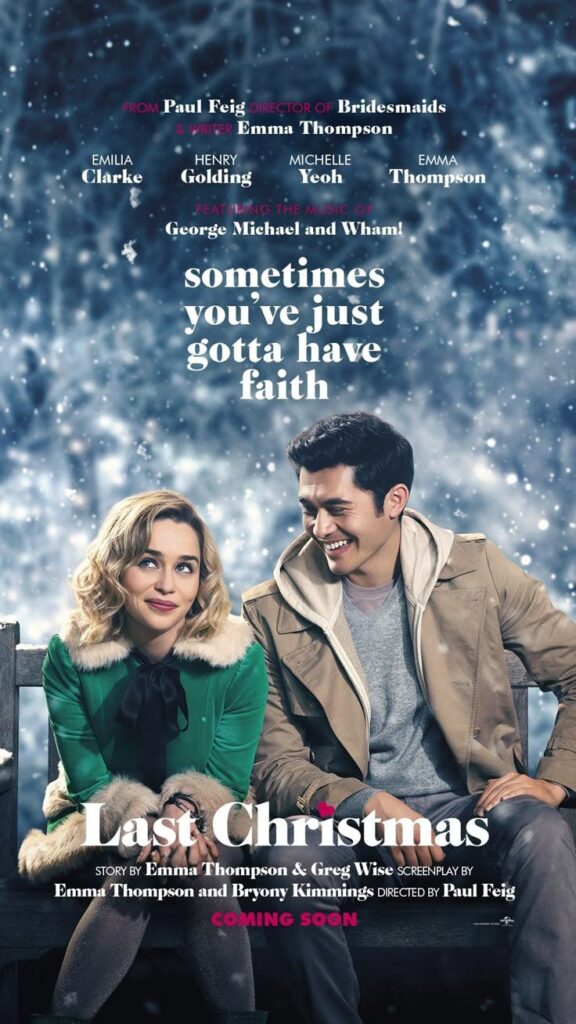 movie-poster-for-last-christmas-starring-emilia-clarke-and-henry-golding-sitting-side-by-side-on-a-bench-in-falling-snow