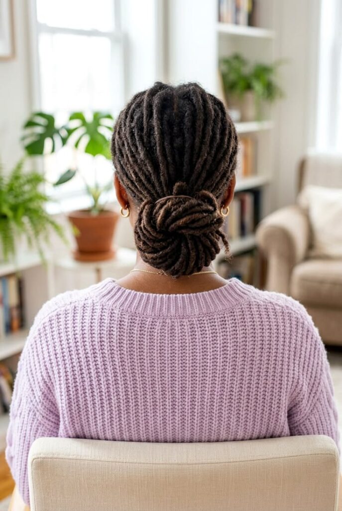 back-view-of-woman-with-locs-styled-in-a-neat-low-bun-at-the-nape-of-the-neck-wearing-a-lavender-knit-sweater