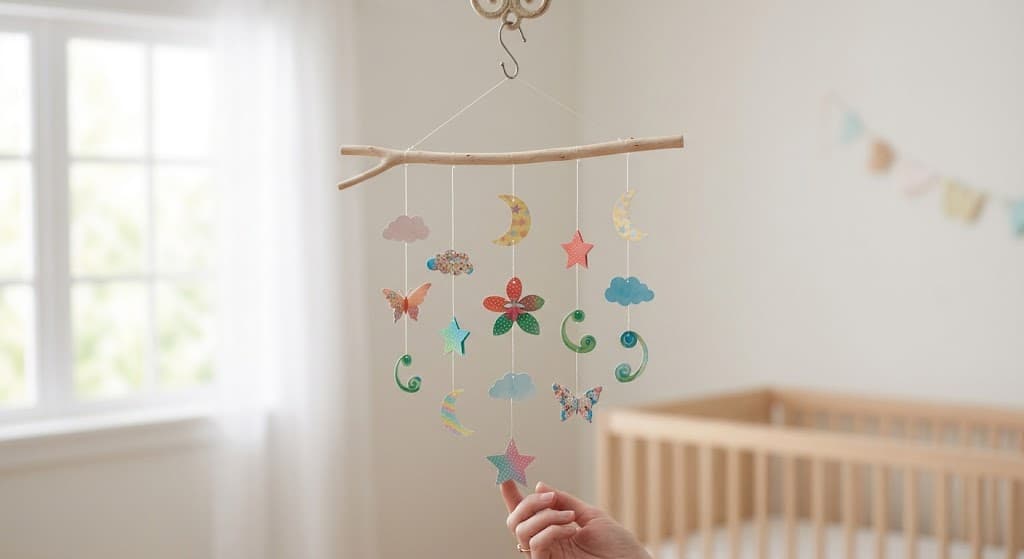 handmade-paper-mobile-with-colorful-stars-moons-and-butterflies-hanging-over-a-wooden-crib