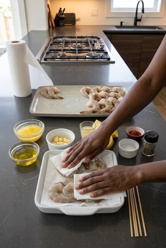 african-woman-hands-patting-dry-raw-shrimp-with-paper-towel-on-modern-kitchen-counter
