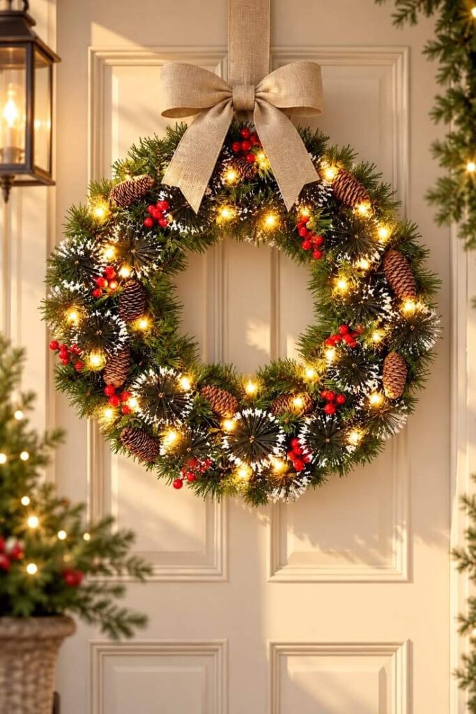 pre-lit-christmas-wreath-with-warm-lights-pinecones-red-berries-and-neutral-bow-hanging-on-a-front-door