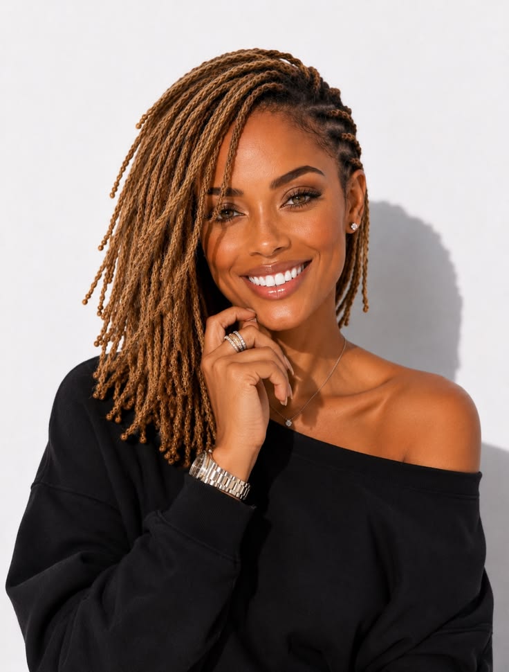 smiling-woman-with-honey-brown-side-swept-microlocs-wearing-a-black-off-the-shoulder-top