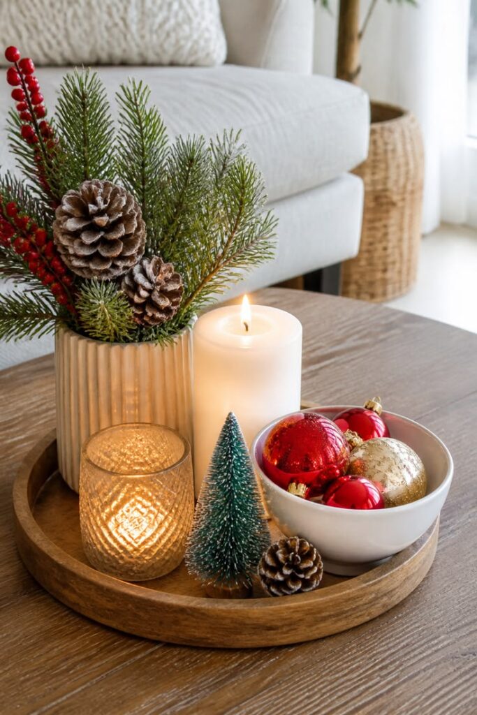 round-wooden-tray-styled-with-a-white-pillar-candle-small-bowl-of-ornaments-and-evergreen-sprigs-on-a-coffee-table