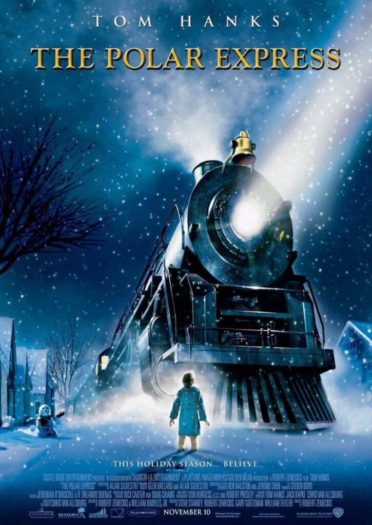 movie-poster-for-the-polar-express-starring-tom-hanks-showing-a-young-boy-standing-in-the-snow-facing-a-massive-steam-locomotive-train