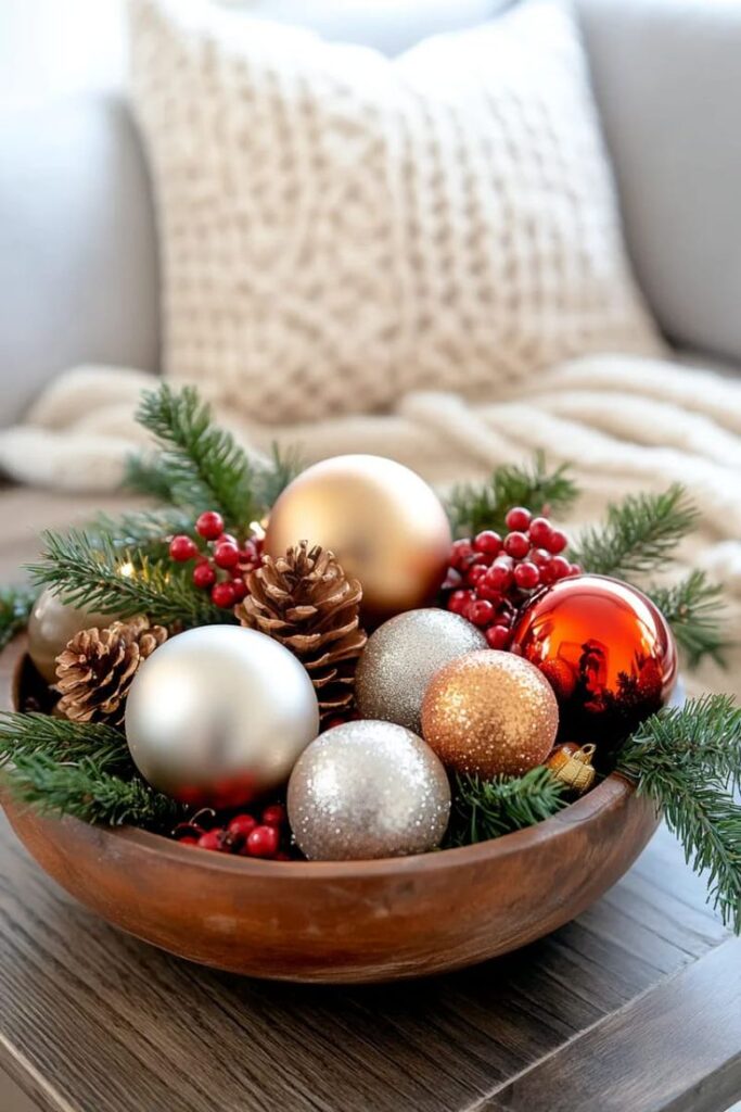 wooden-bowl-filled-with-pinecones-gold-and-red-christmas-ornaments-and-evergreen-sprigs-on-a-table-christmas-living-room-decor-ideas